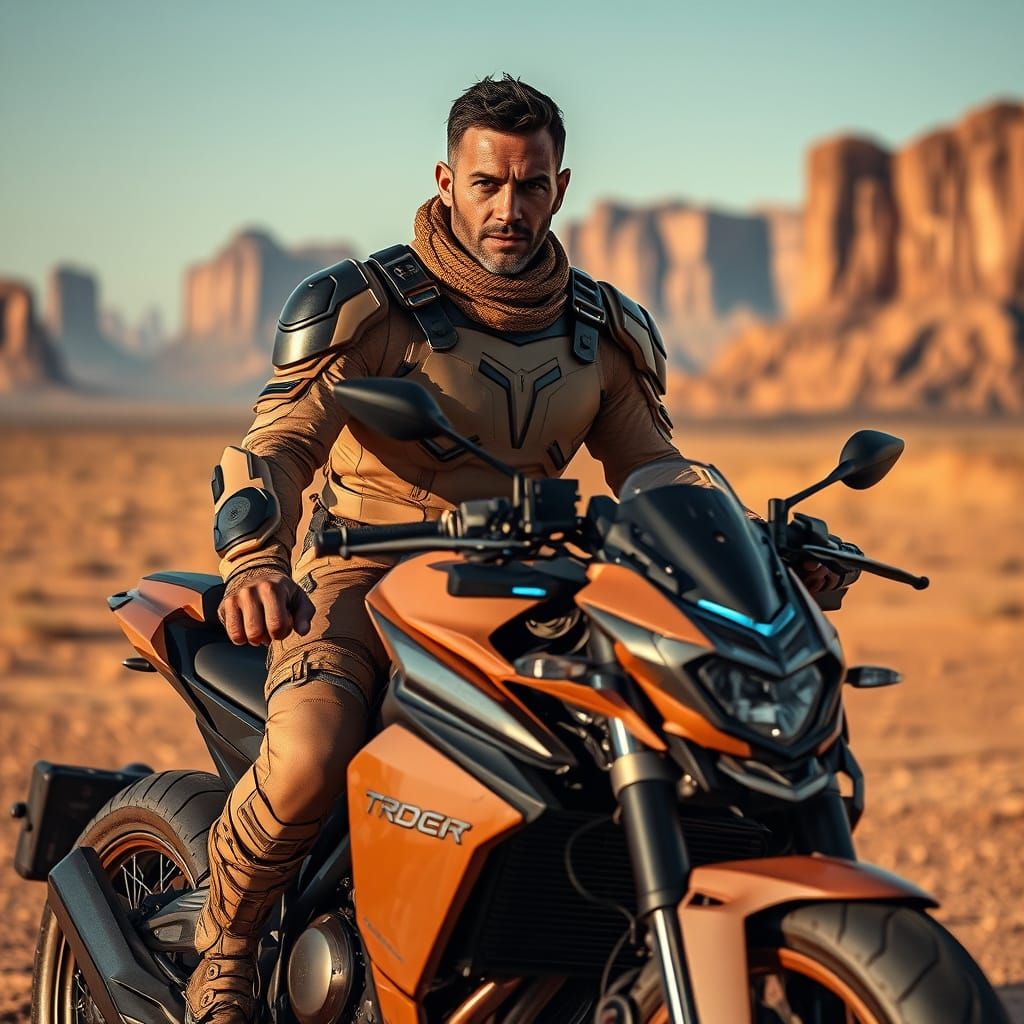 Cyberpunk Hero Rides into the Sunset on a High-Tech Motorcyc...