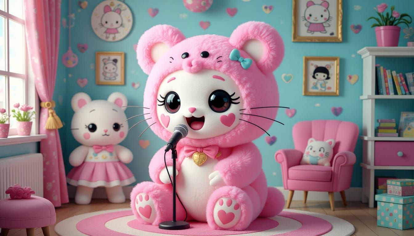 Cute Yet Sinister Pink Character with Heart Eyes