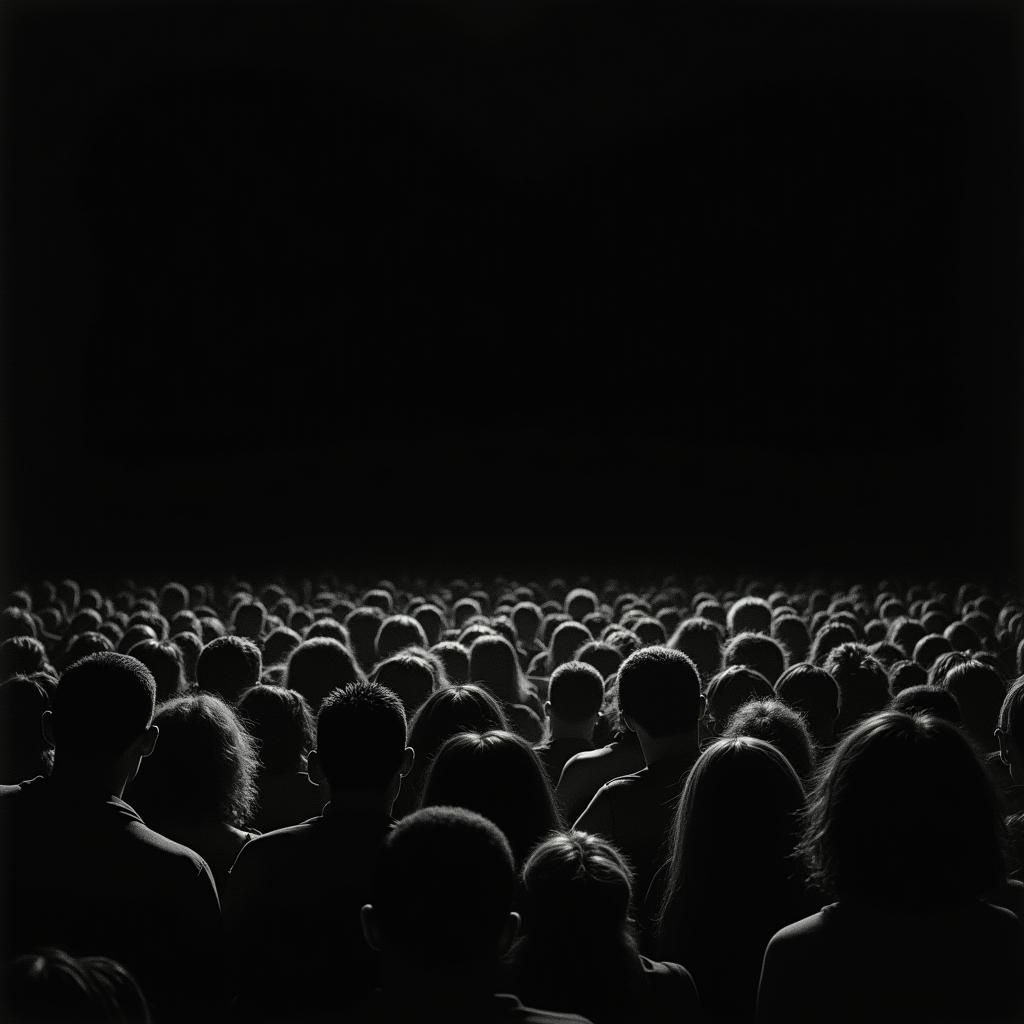 Crowd Watches Looming Black Screen in Cinema