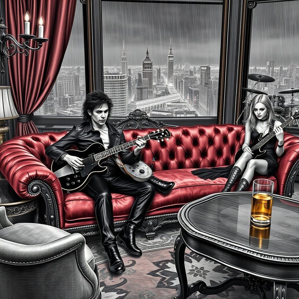 A rockstar sits on a velvet couch in a lavishly decorated penthouse suite overlooking a gothic city, his guitar resting ...