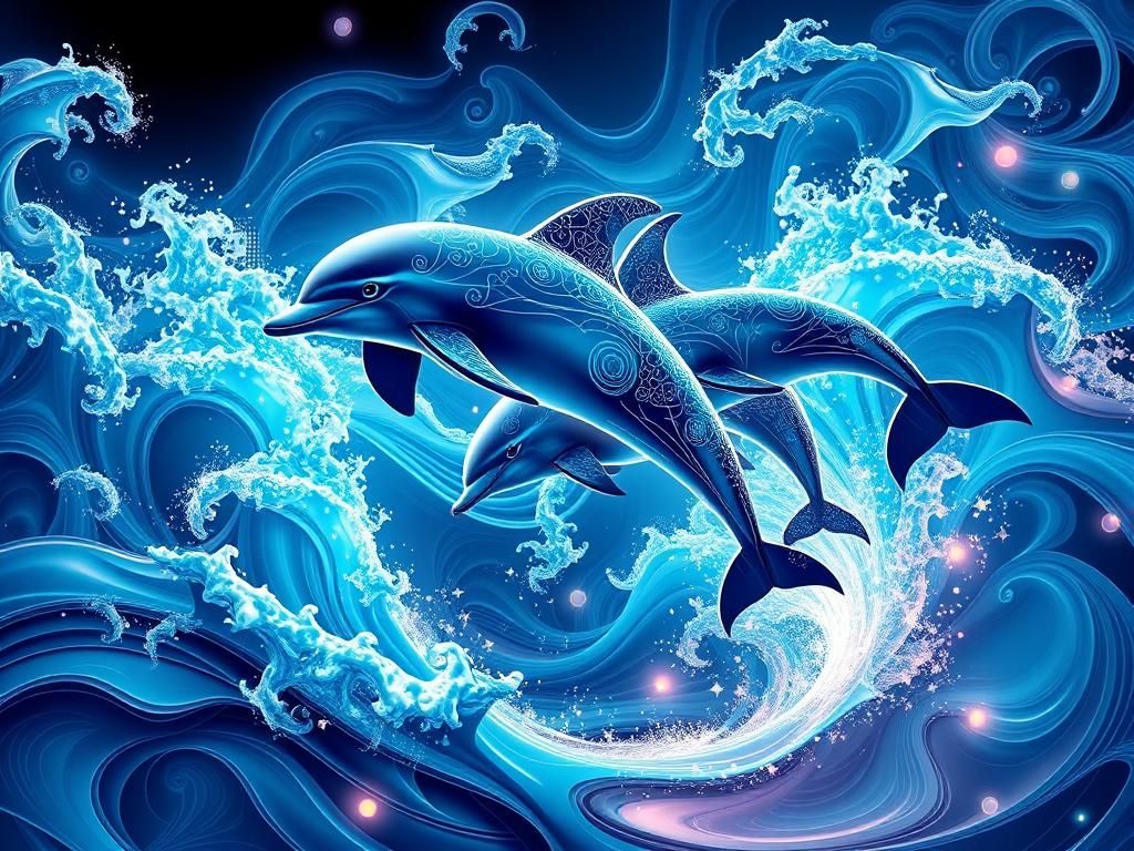 Dolphins Leaping in Abstract Neon Waves