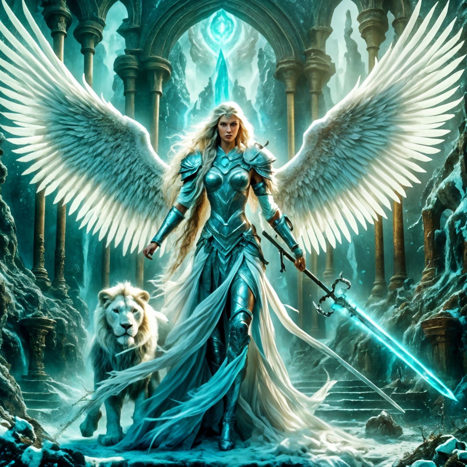 Angel Warrior with Crystal Sword and Lion