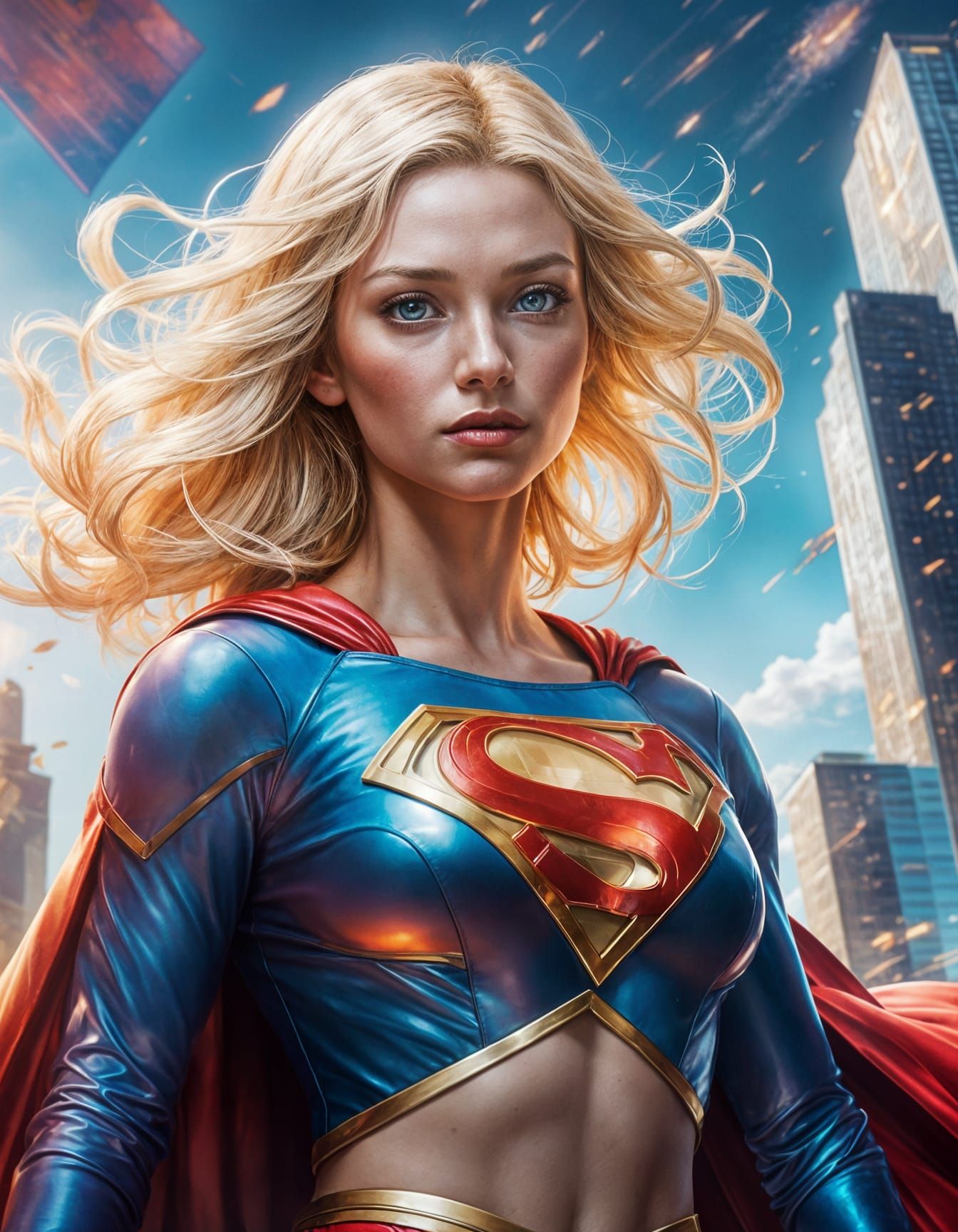 A Young Blonde Woman in Shimmering Supergirl Costume