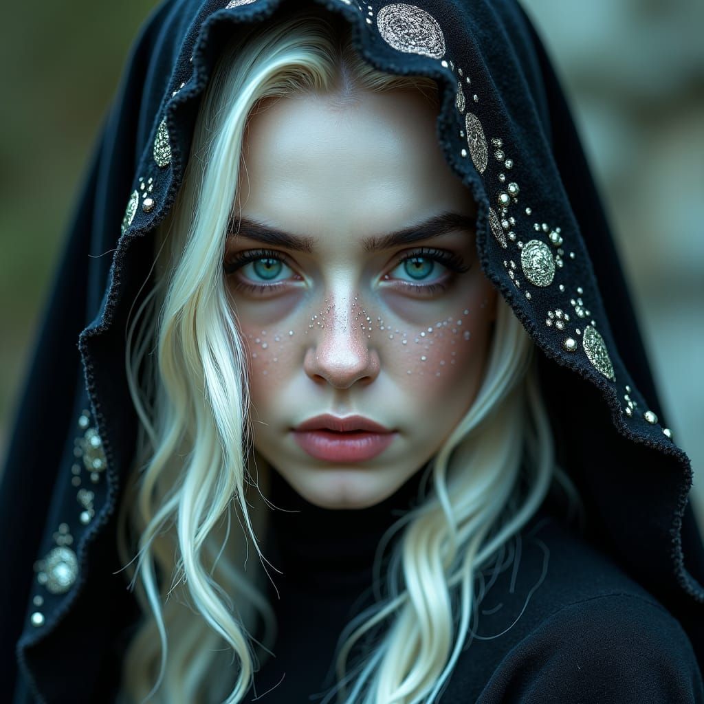 Ethereal Grim Reaper Portrait with Platinum Hair