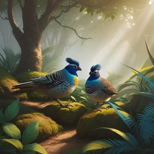 California Quail and Babies in Lush Forest