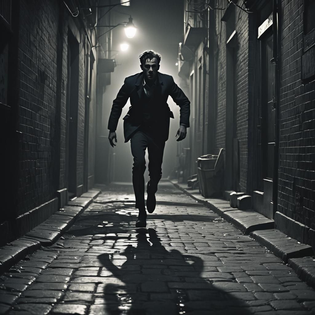Frantic Figure in Film Noir Alleyway Chase