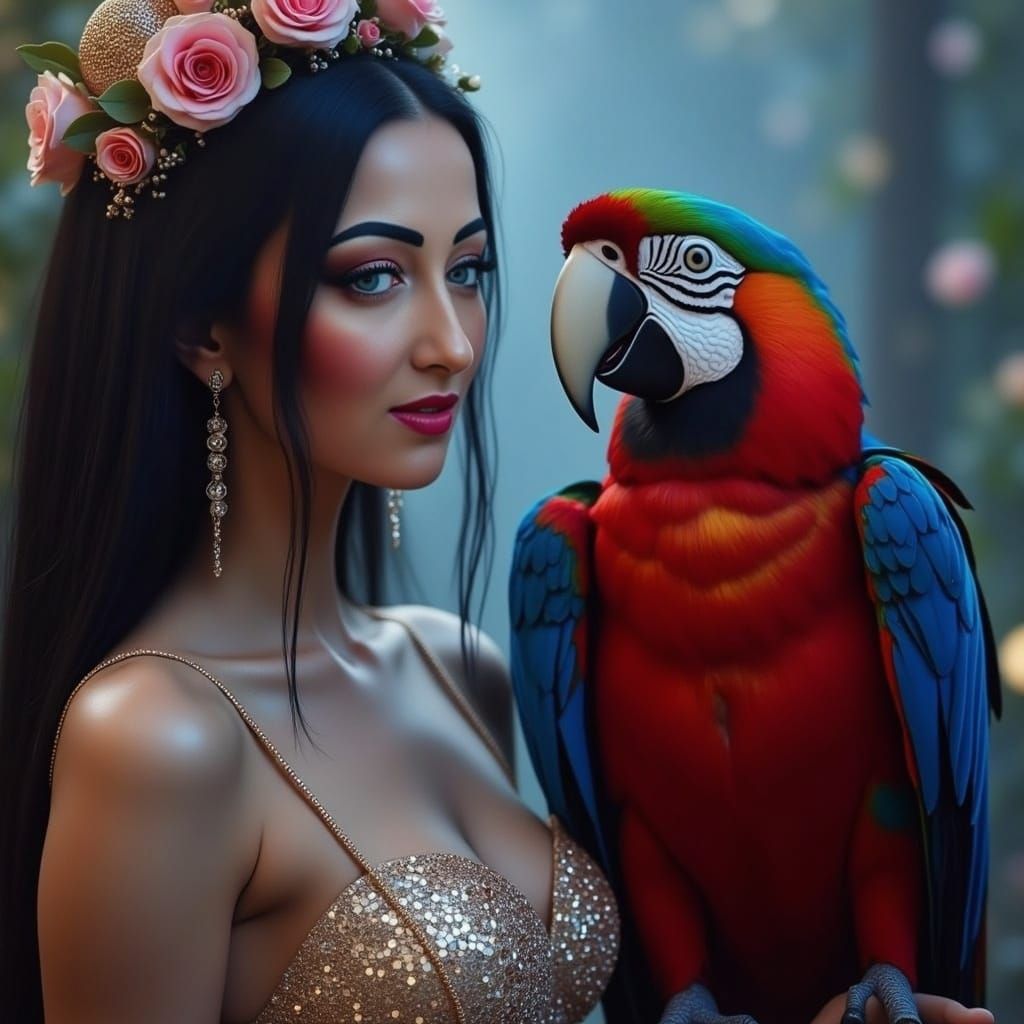 Elegant Woman and Magical Parrot in Detailed Digital Art