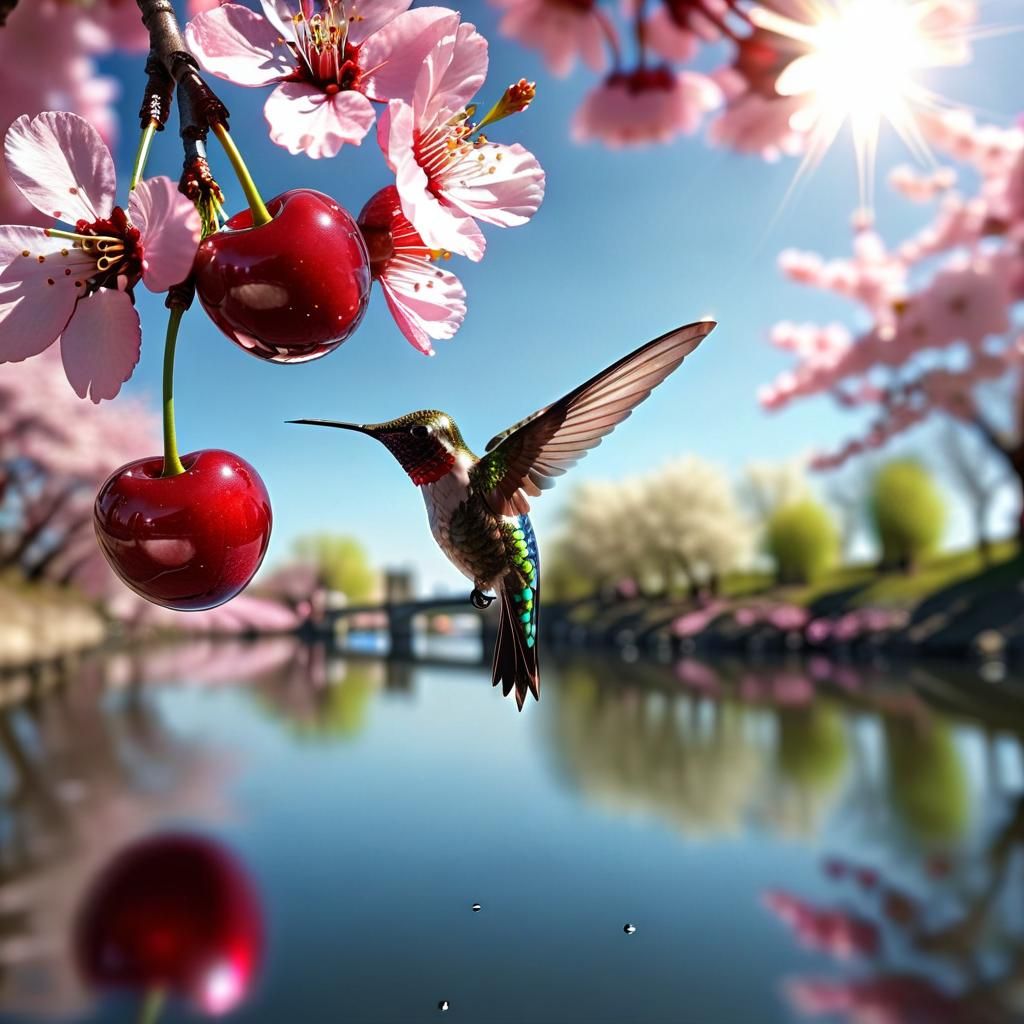 Hummingbird Delivers Cherries Over Blossoming River: Hyperre...