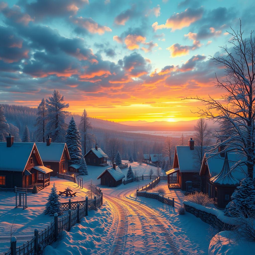 Winter Wonderland Village Under Golden Sunset