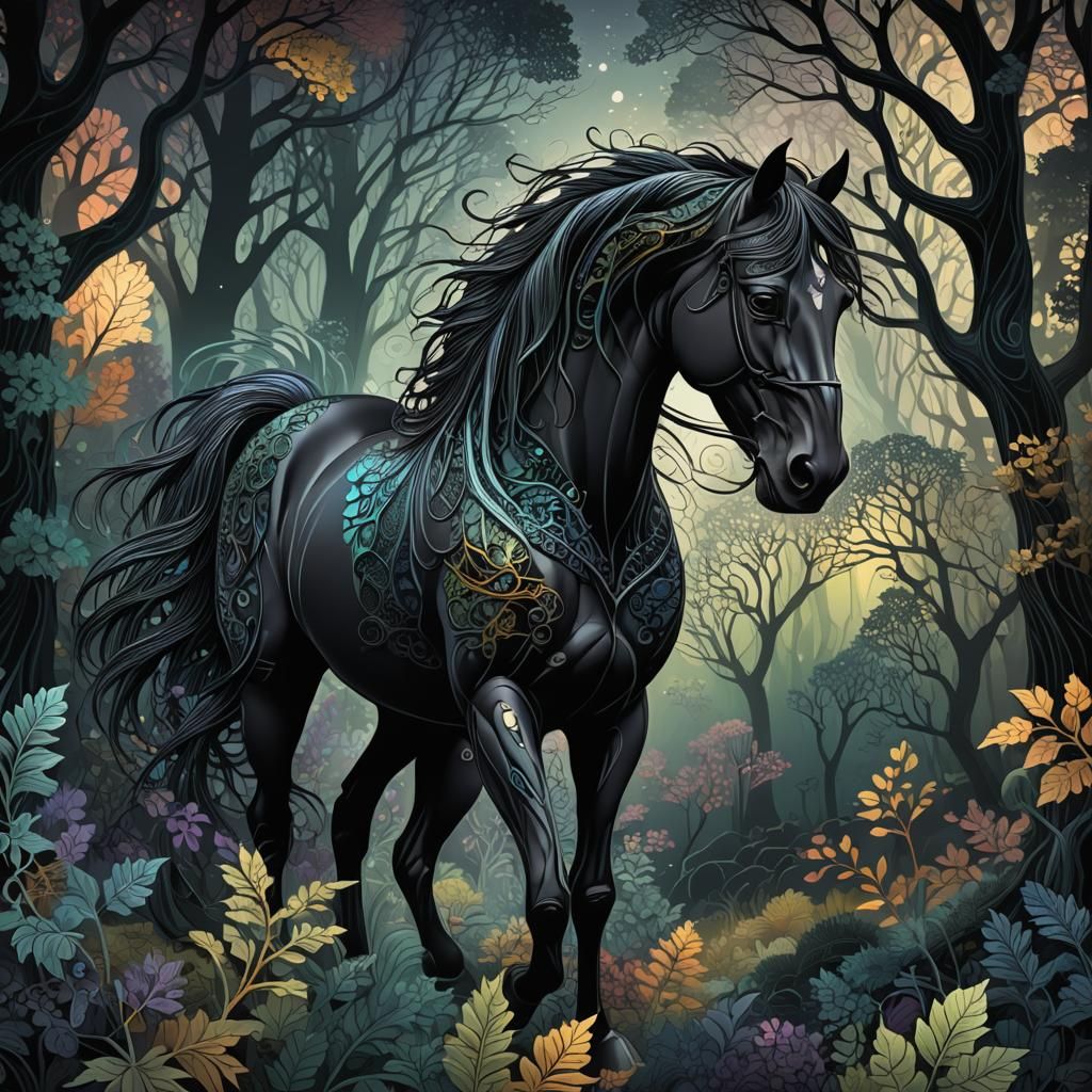 Abstract Fractal Black Horse in Forest