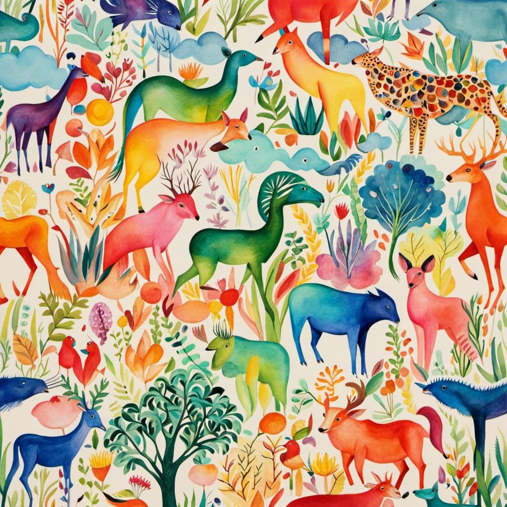 Rainbow Animals in Watercolor Abstract Art