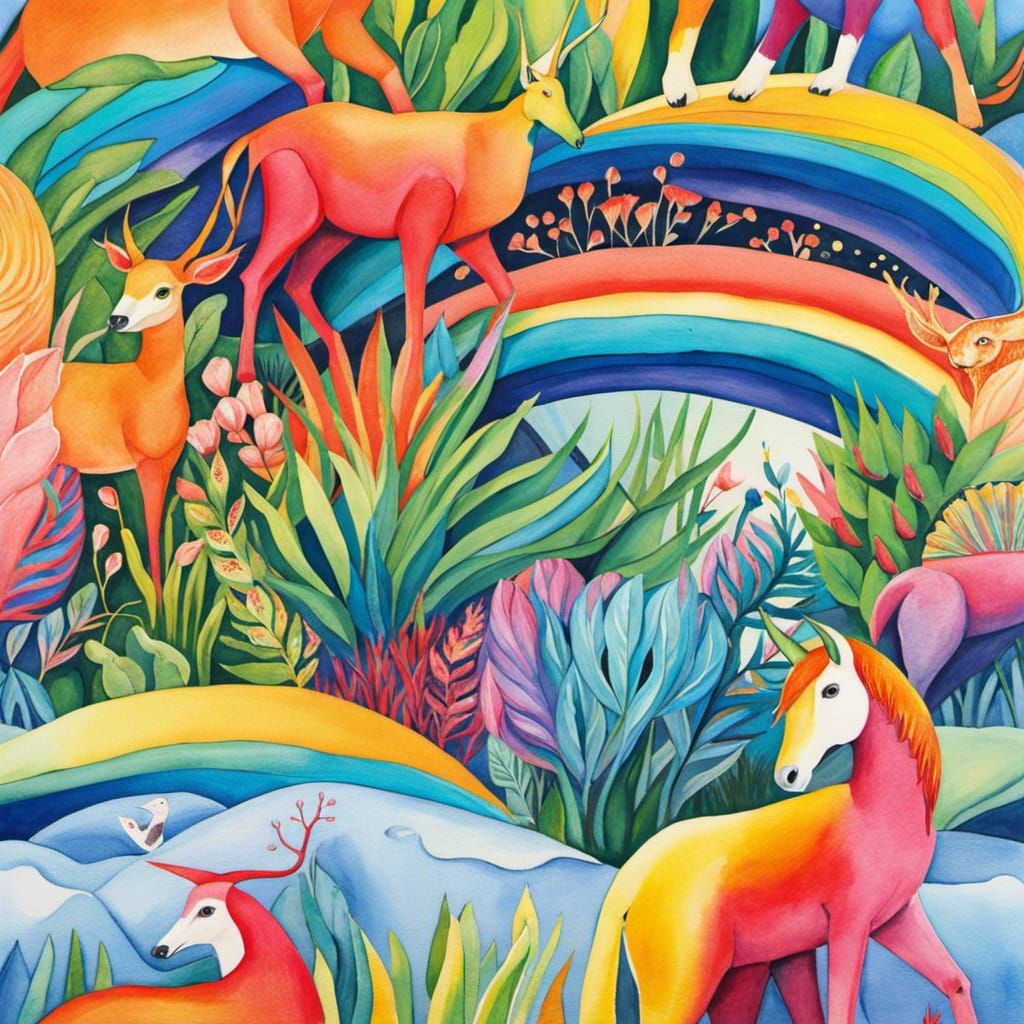 Watercolor Rainbow Animals in Abstract Nature Art