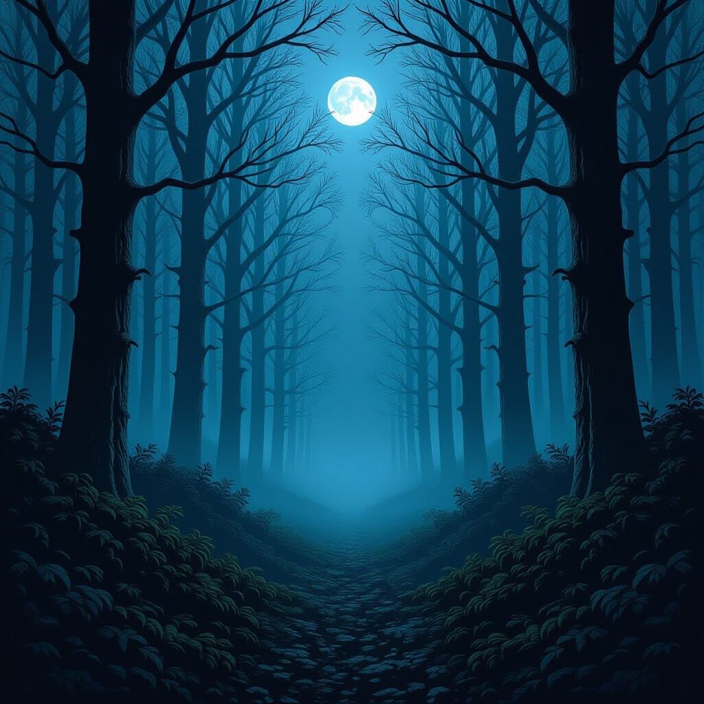Mirrored Dark Forest in Dark Fantasy Style
