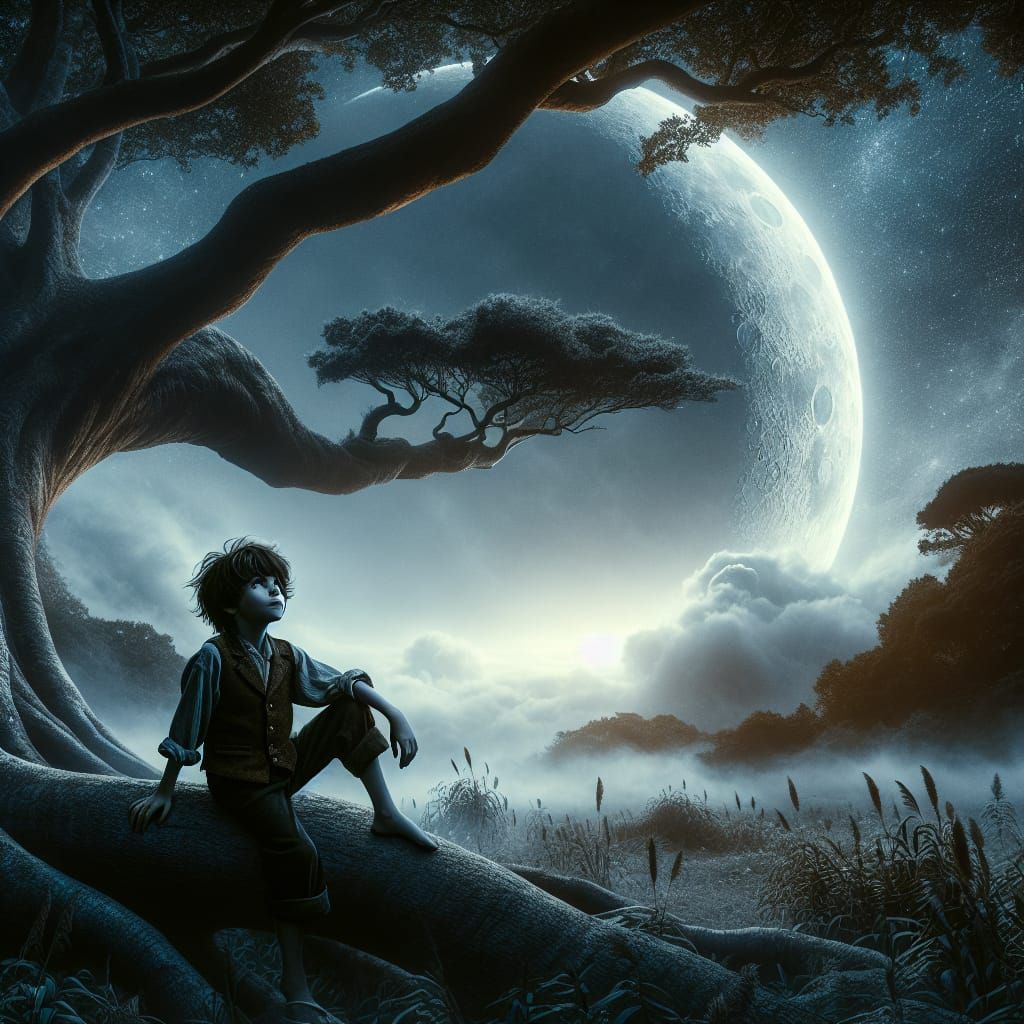 Boy Gazing at Crescent Moon in Mystical Landscape