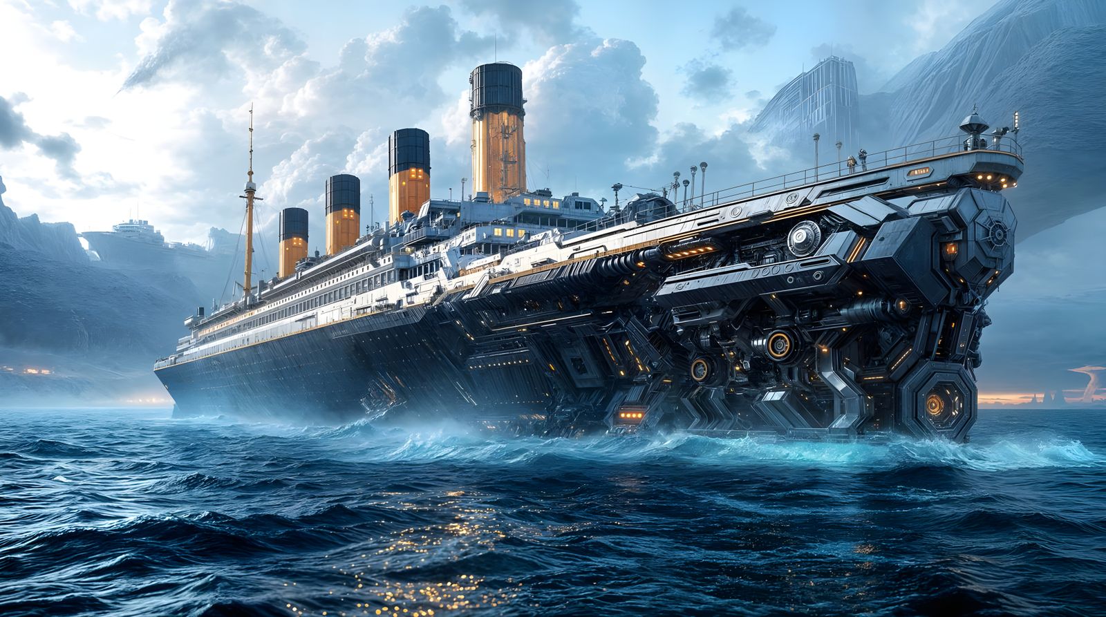 Epic Sci-Fi Mech from Ground Level, Rendered in Polished Met...