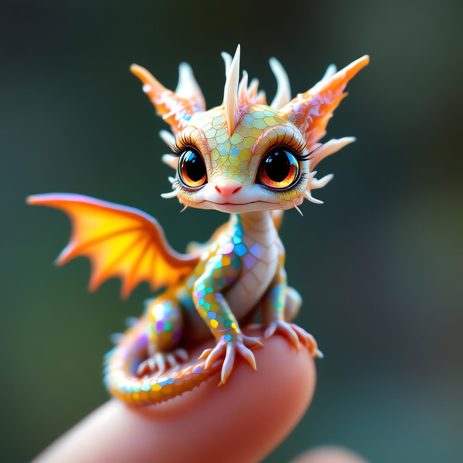 Tiny Iridescent Dragon on Finger, Digital Art