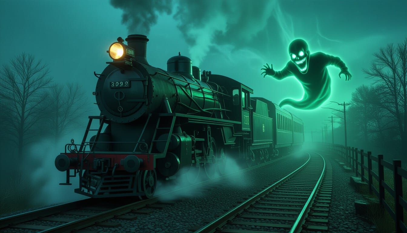 Surreal Ghost Train with Swirling Ghoul in Misty Night