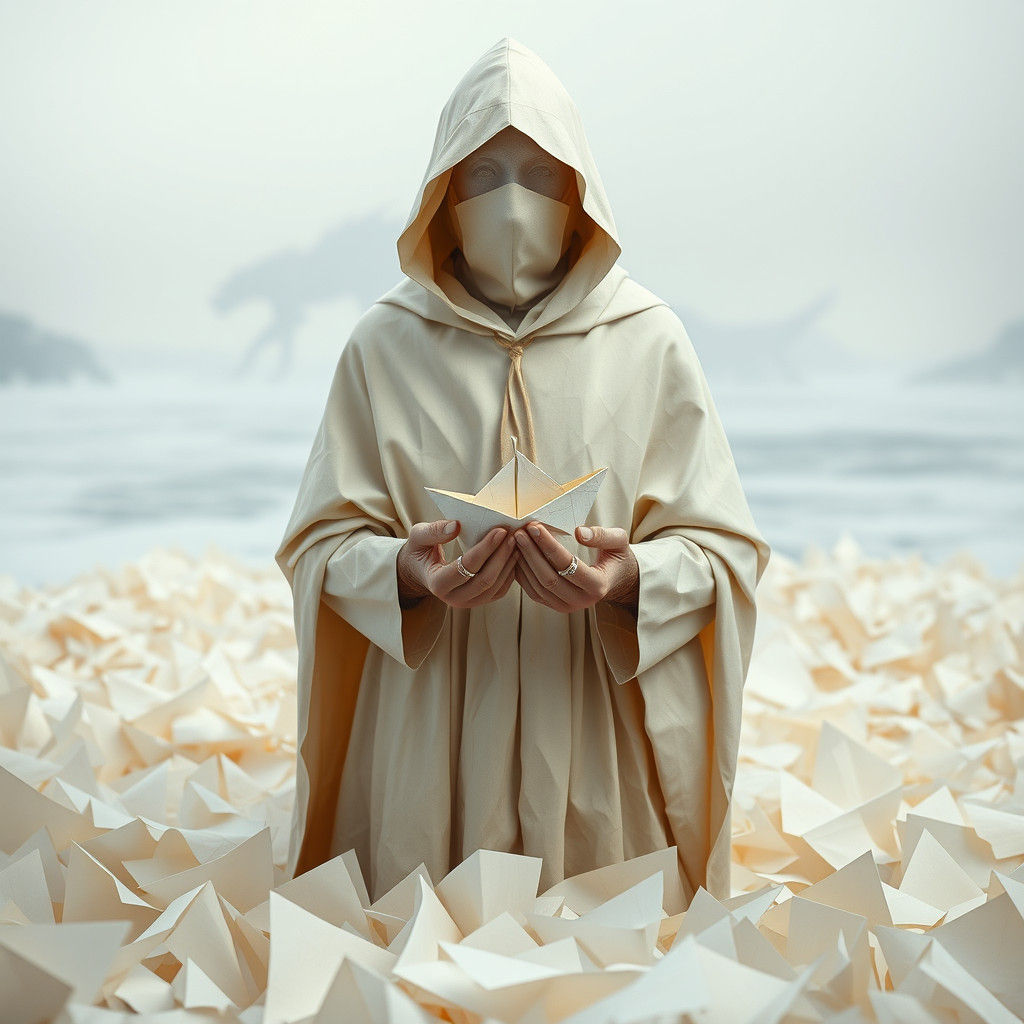 Mysterious Origami Figure by Frozen Lake