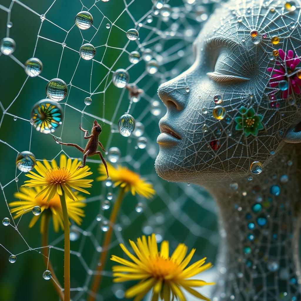 Dewdrop Spiderweb Reflecting Surreal Utopia, Psychedelic Art