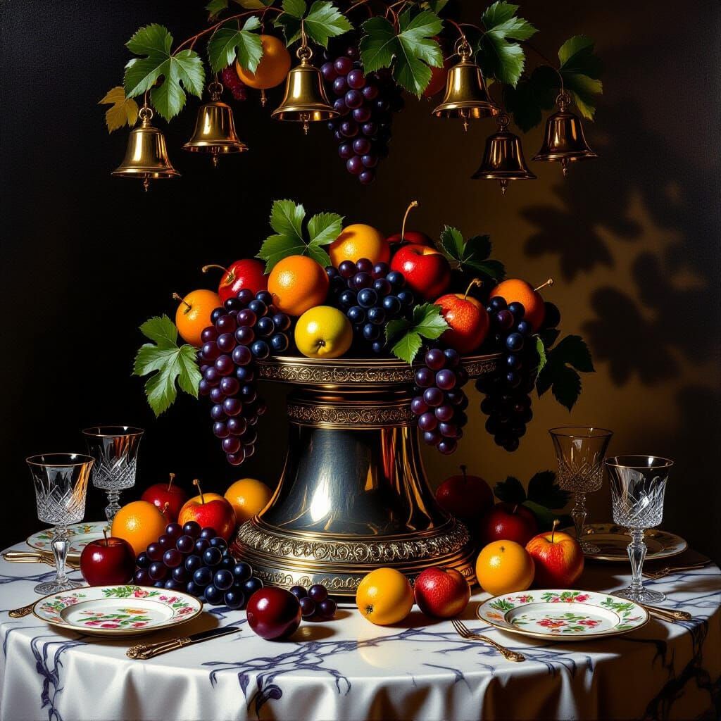 Baroque Banquet Painting: Silver Bell Centerpiece and Grapes