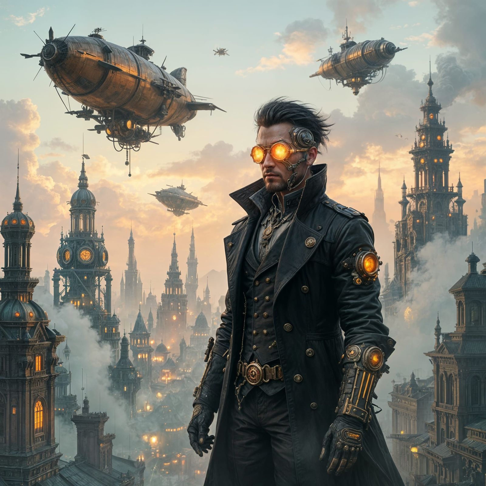 Steampunk Neo in Victorian Cityscape with Airships
