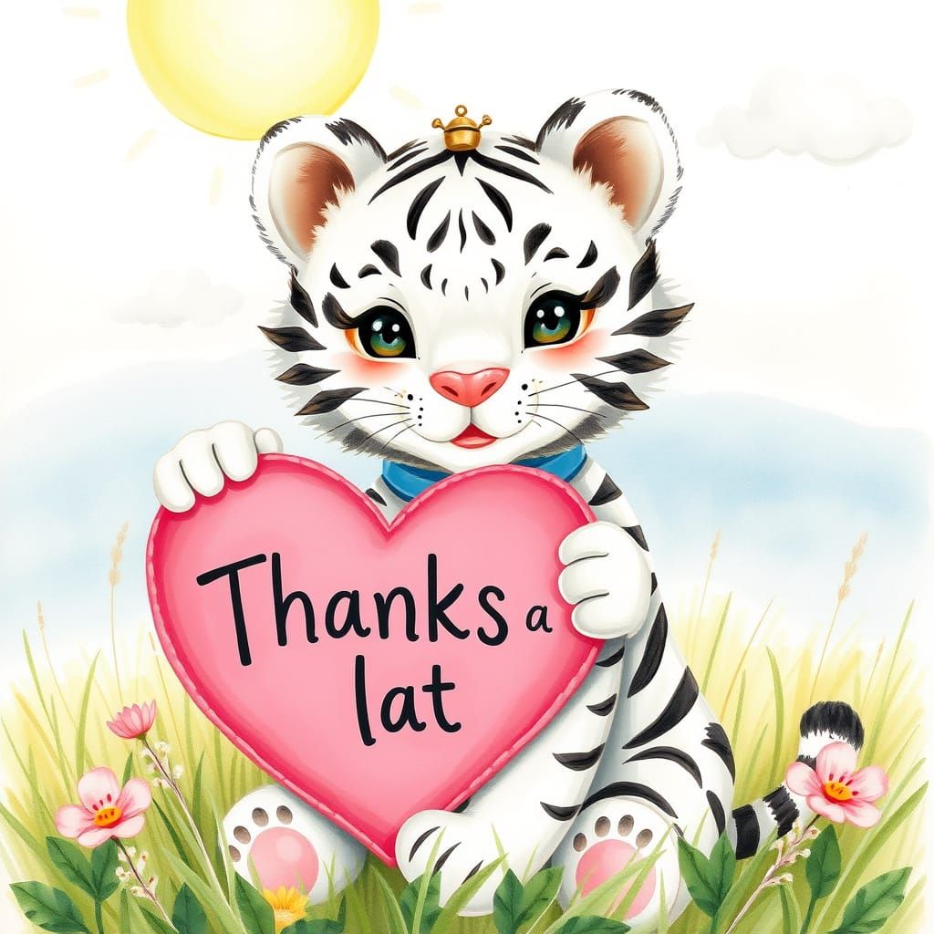 Baby White Tiger Holding a Heart Sign in Watercolor Style