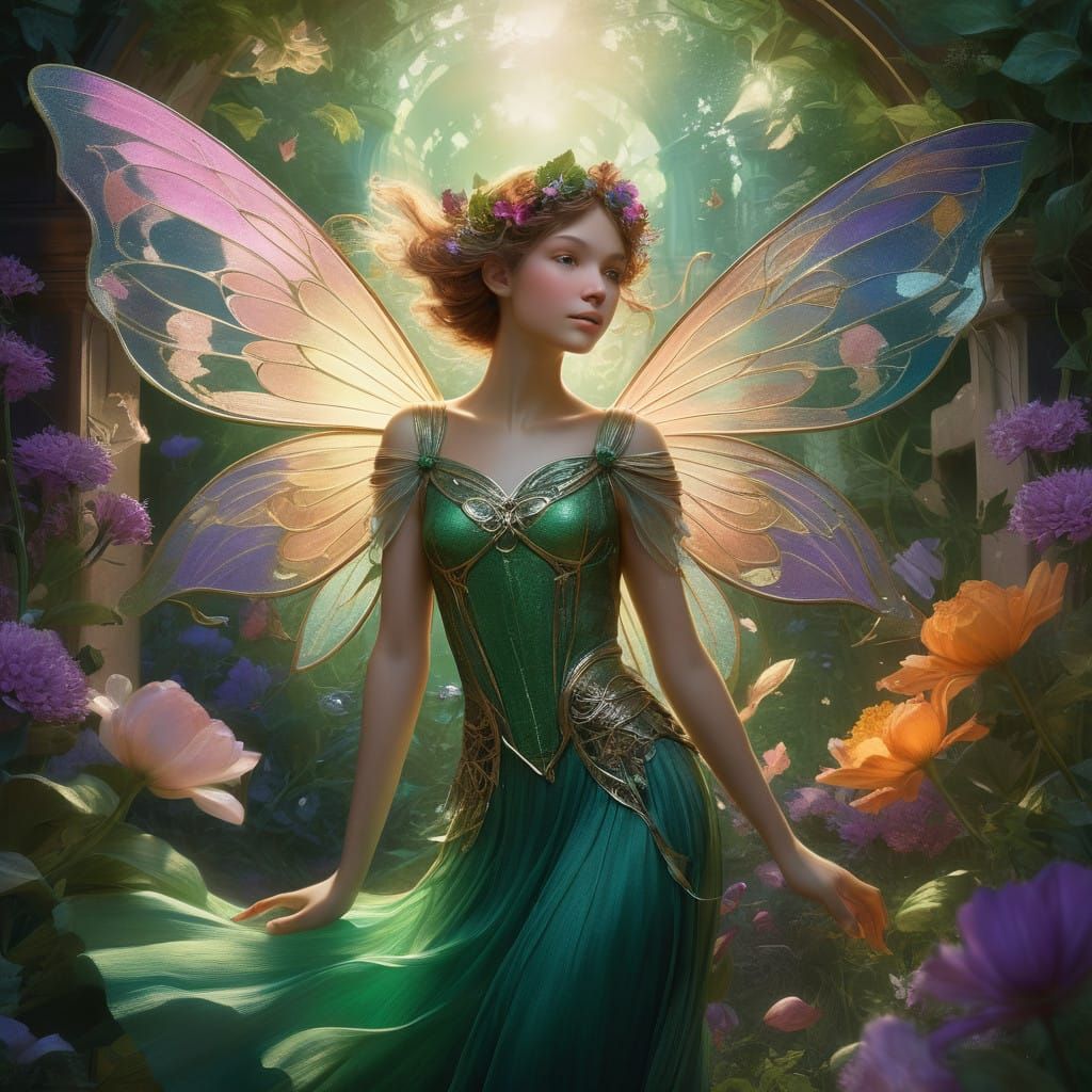 Ethereal Fairy Portrait in Whimsical Garden Scene