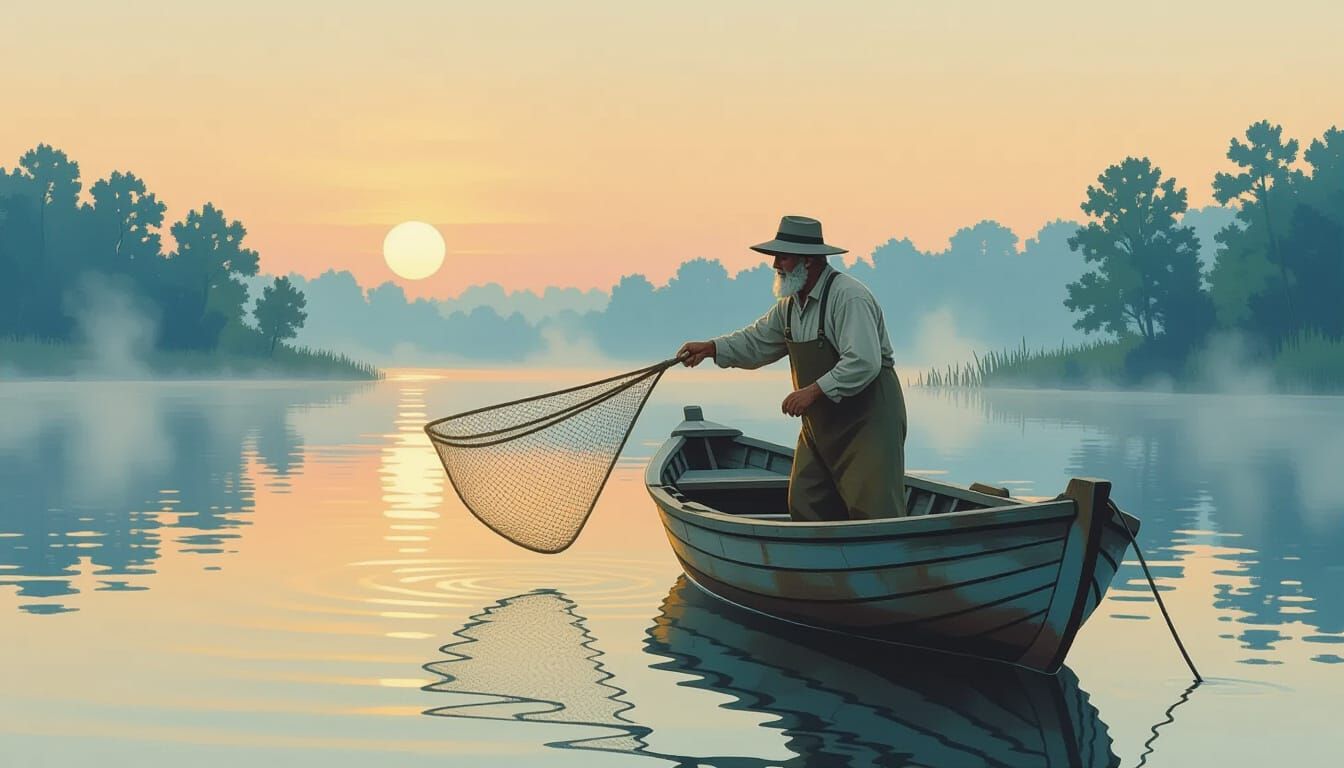 Fisherman Casting Net on Misty Lake at Dawn