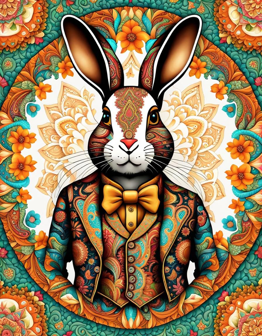 Detailed Rabbit Waistcoat Mandala in Line Art