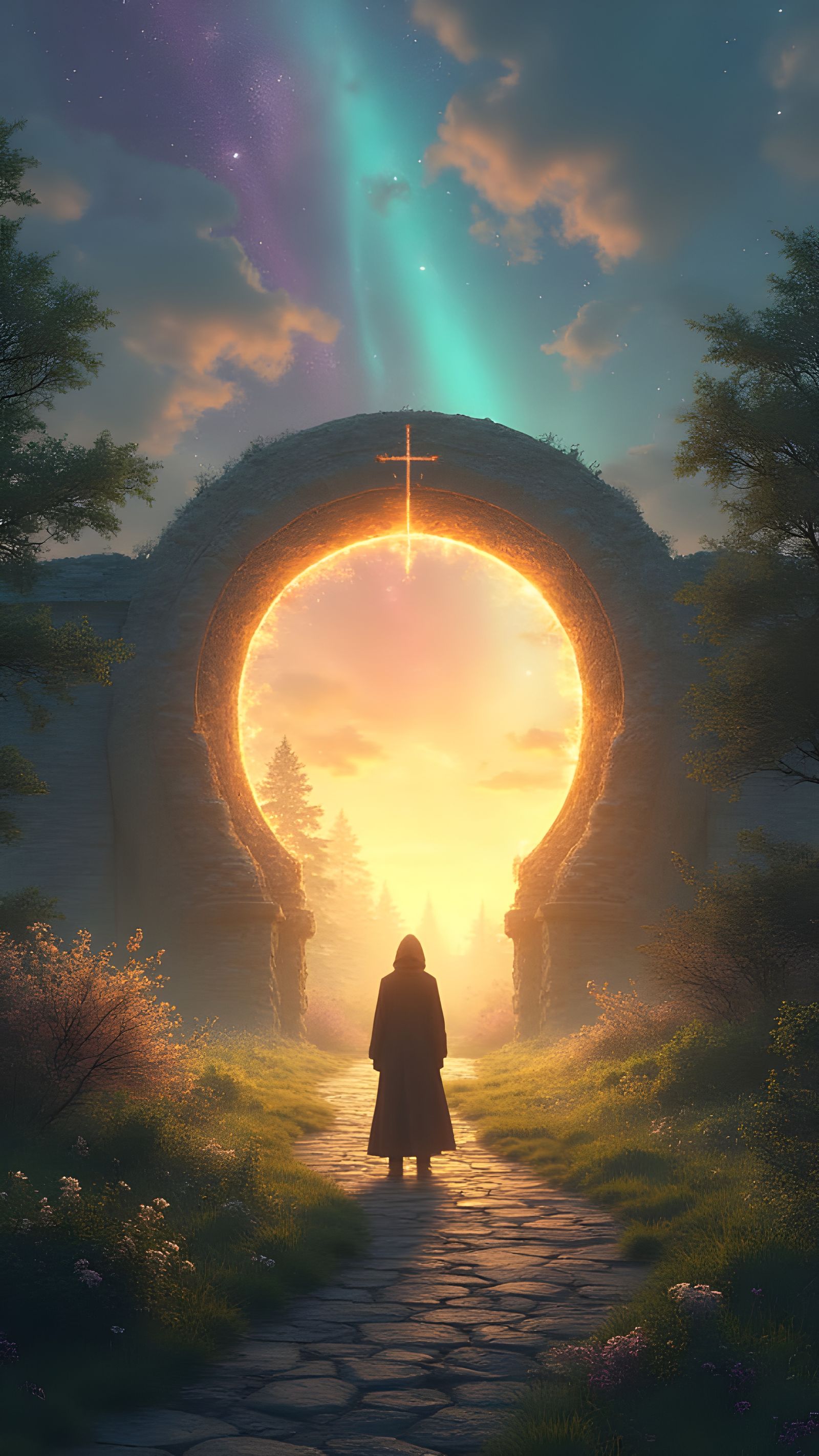 Glowing Portal to New Lands Under Aurora