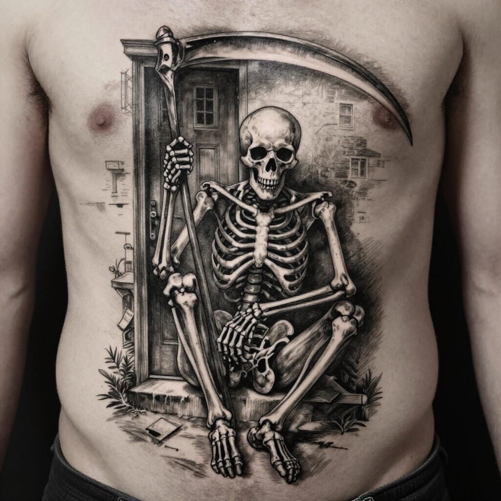 Hyperrealistic Tattoo of Death on Abdomen