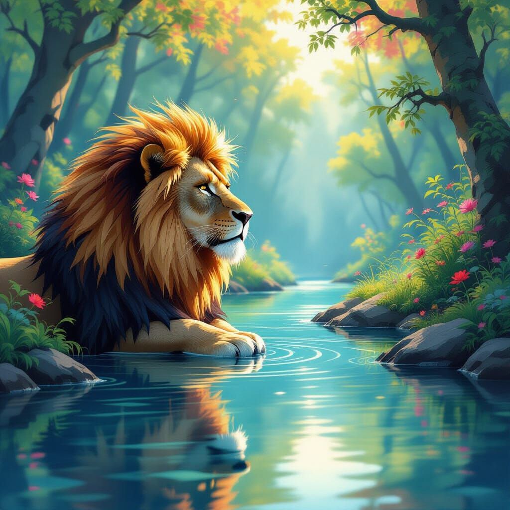 Regal Lion Contemplates Reflection in Colorful Forest