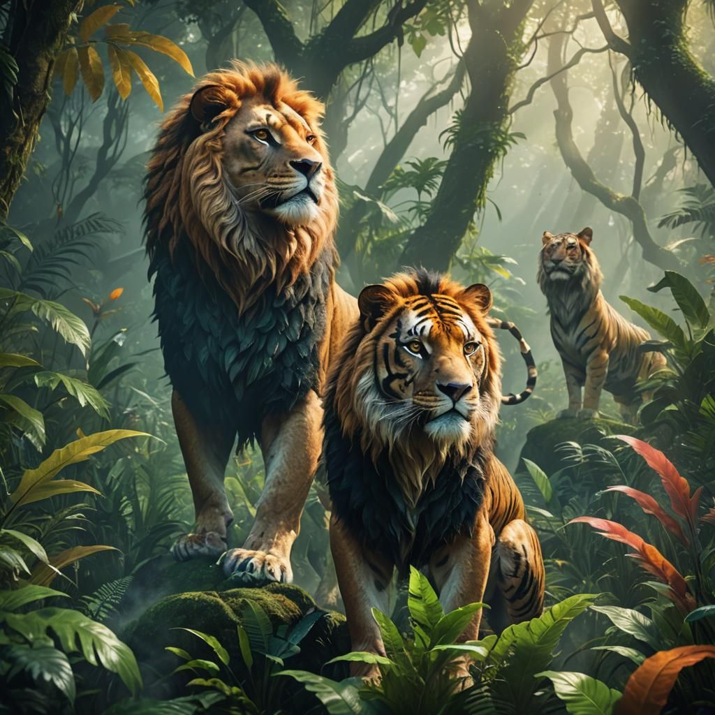 Mythical Lion-Tiger Hybrid in Lush Rainforest