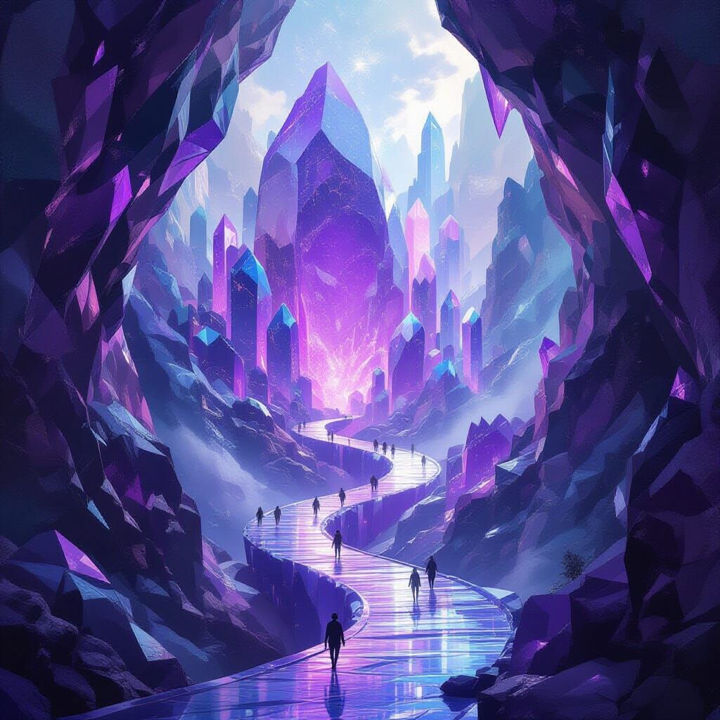Amethyst Geode City With Liquid Light Rivers