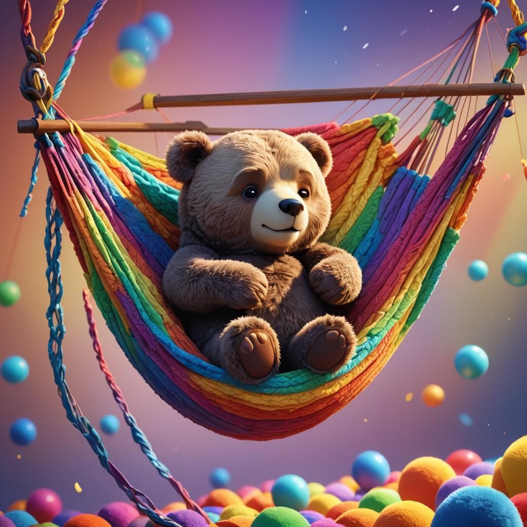 Bedtime Bear in Rainbow Hammock: Pixar-Style 3D Art
