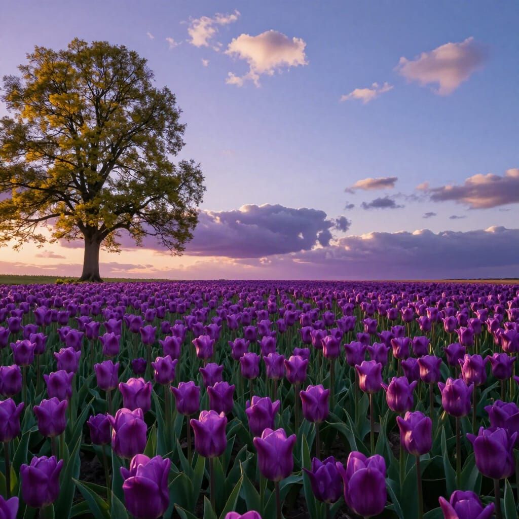 Cinematic Sunset Over Purple Tulip Field