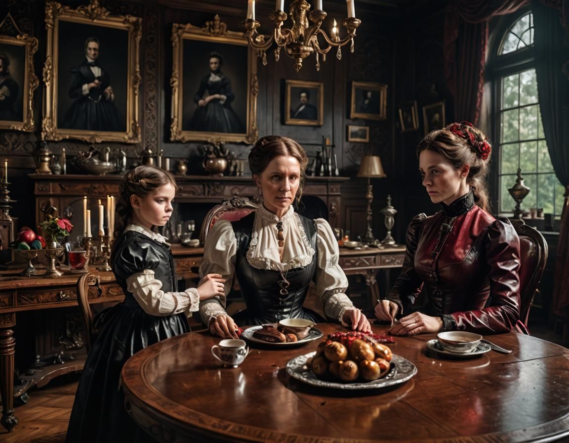 Victorian Mother and Daughter Prepare Dining Table
