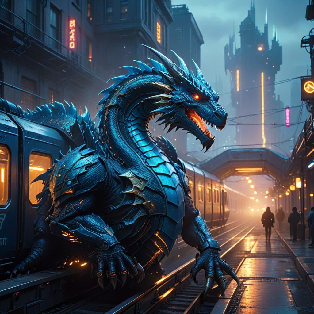 Cyberpunk Train and Dragon in Neon Cityscape