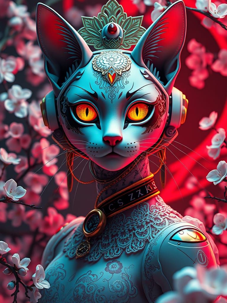 Anime Cyborg Cat Princess with Golden Eyes and Filigree