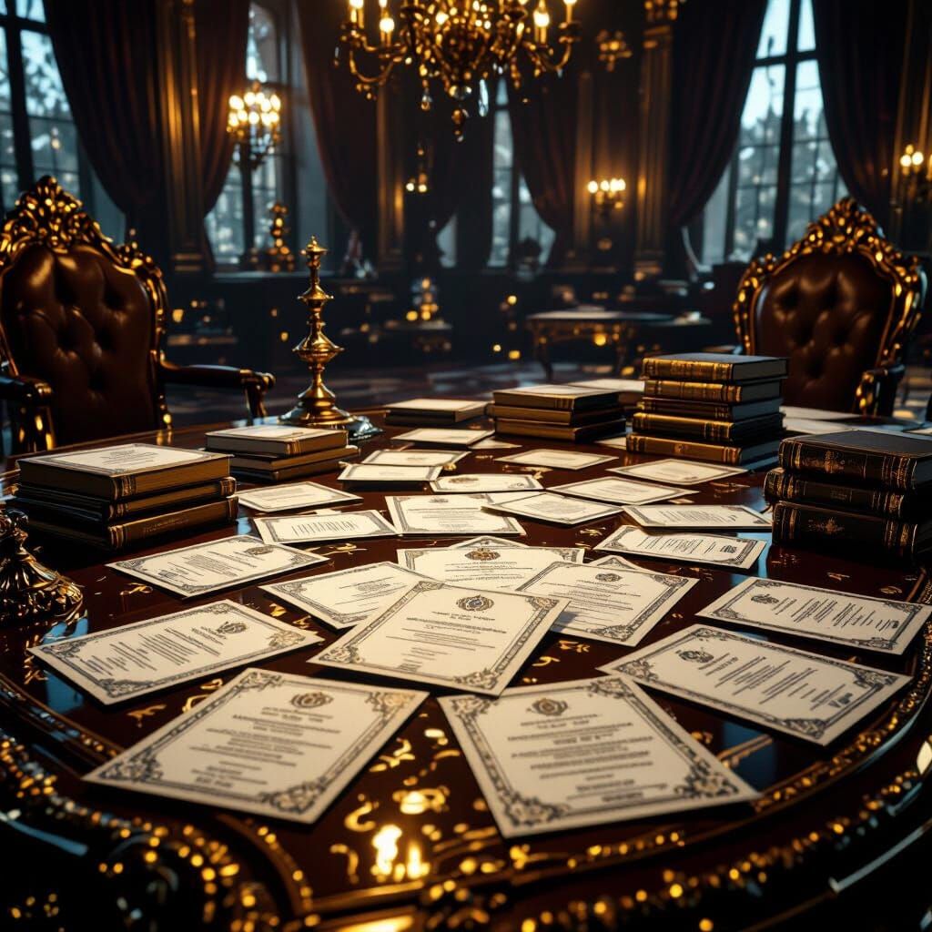 Russian Export Documents on Ornate Table in Opulent Chamber