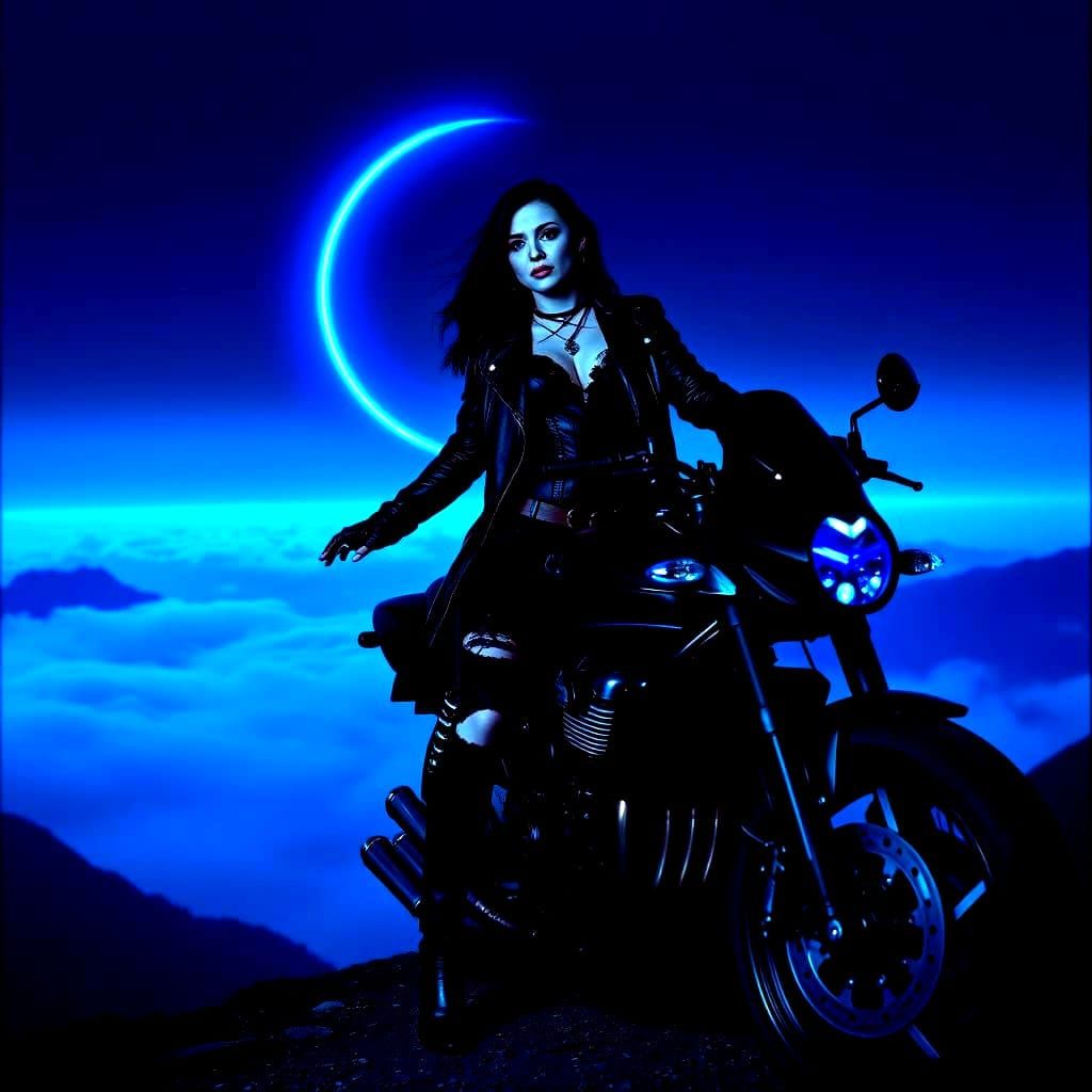 Gothic Woman on Motorcycle Under Neon Moon