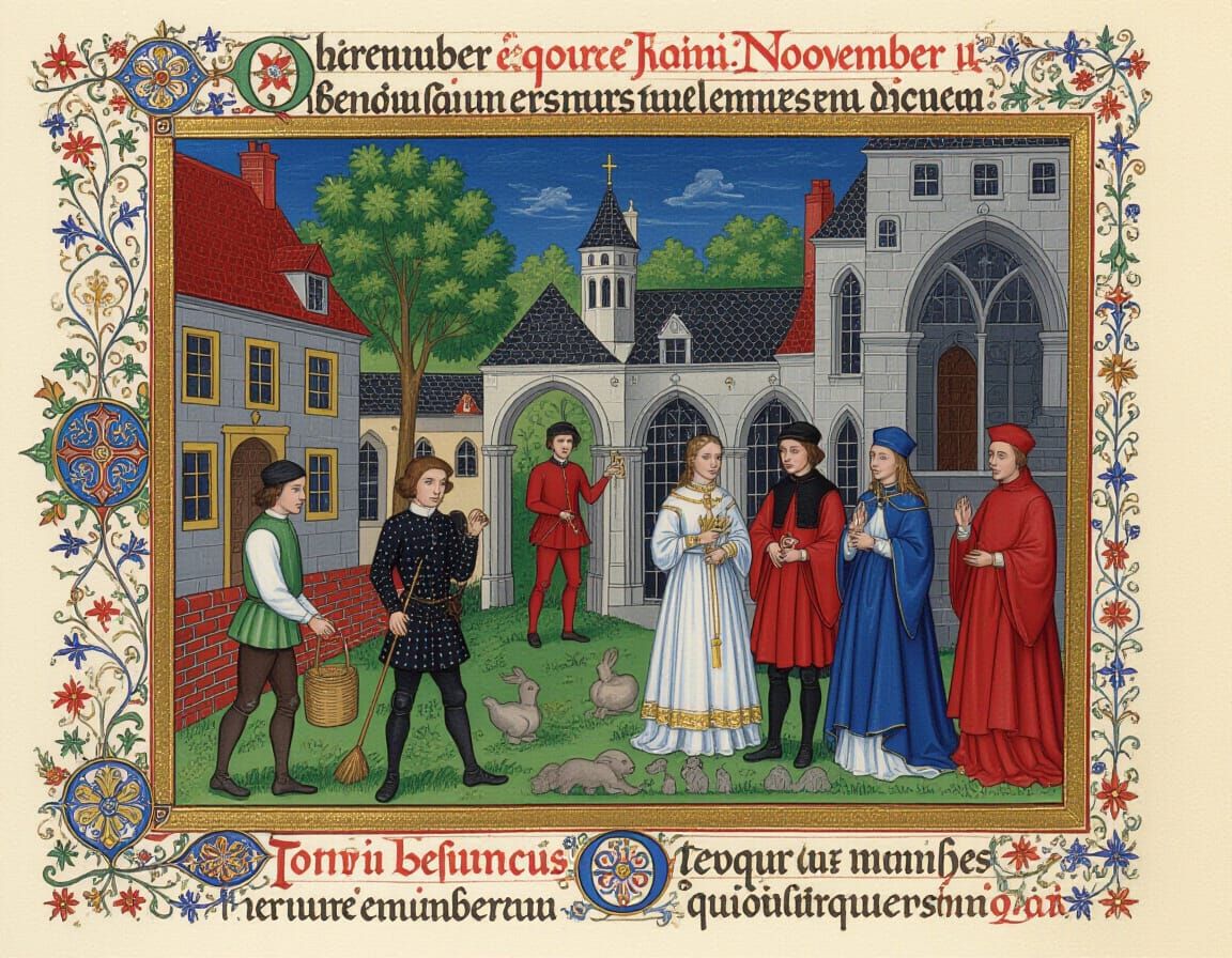 November Medieval Life Illustrated in Book of Hours Style