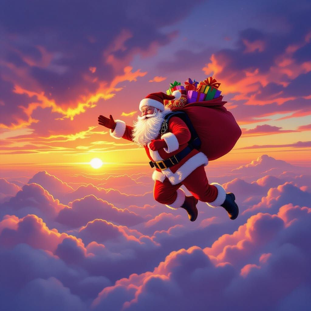 Santa Claus Skydiving with Gifts at Sunset