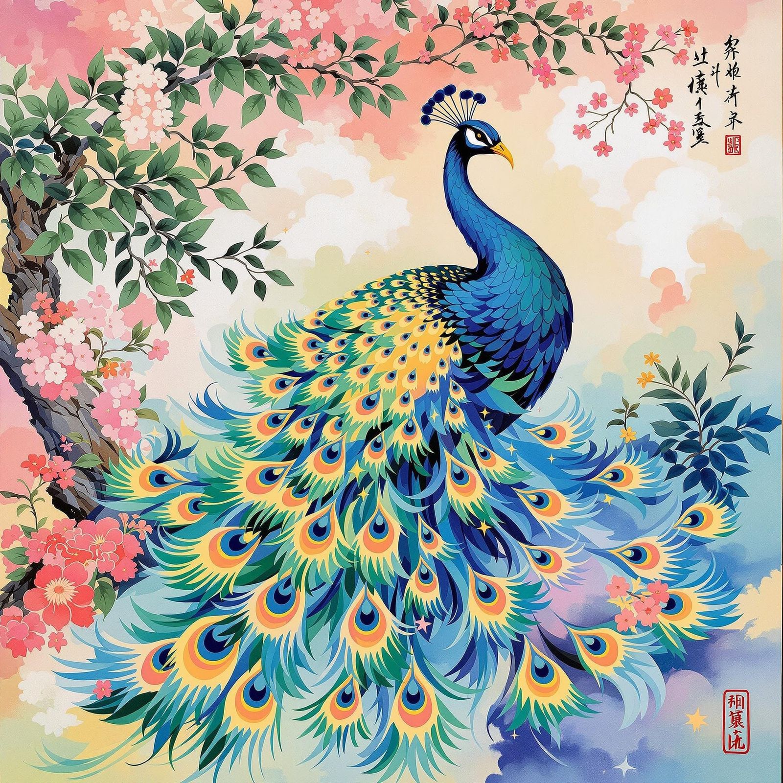 Vibrant Pastel Peacock in Chinese Guohua Style