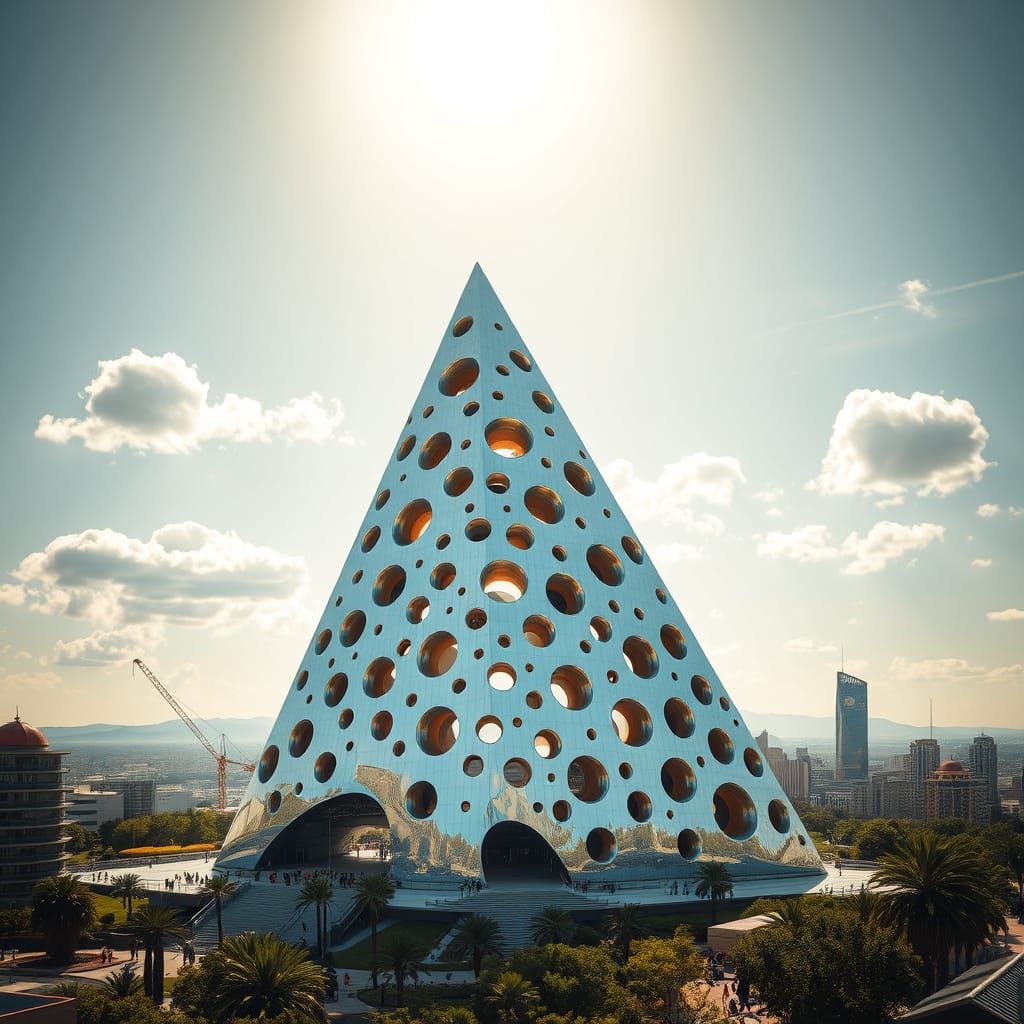 Futuristic Swiss Cheese Building with Whimsical Holes and Me...