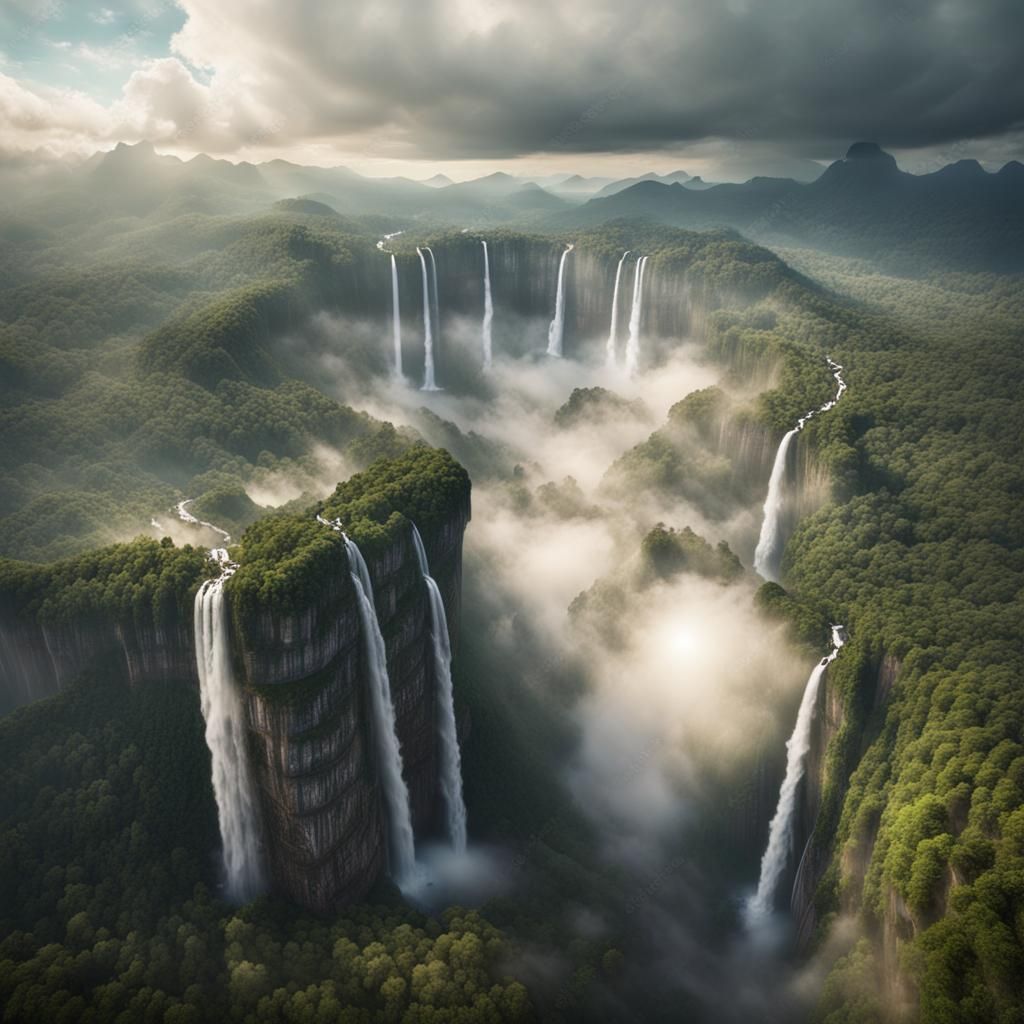 Mist-Shrouded Tepuis and Waterfalls Aerial View