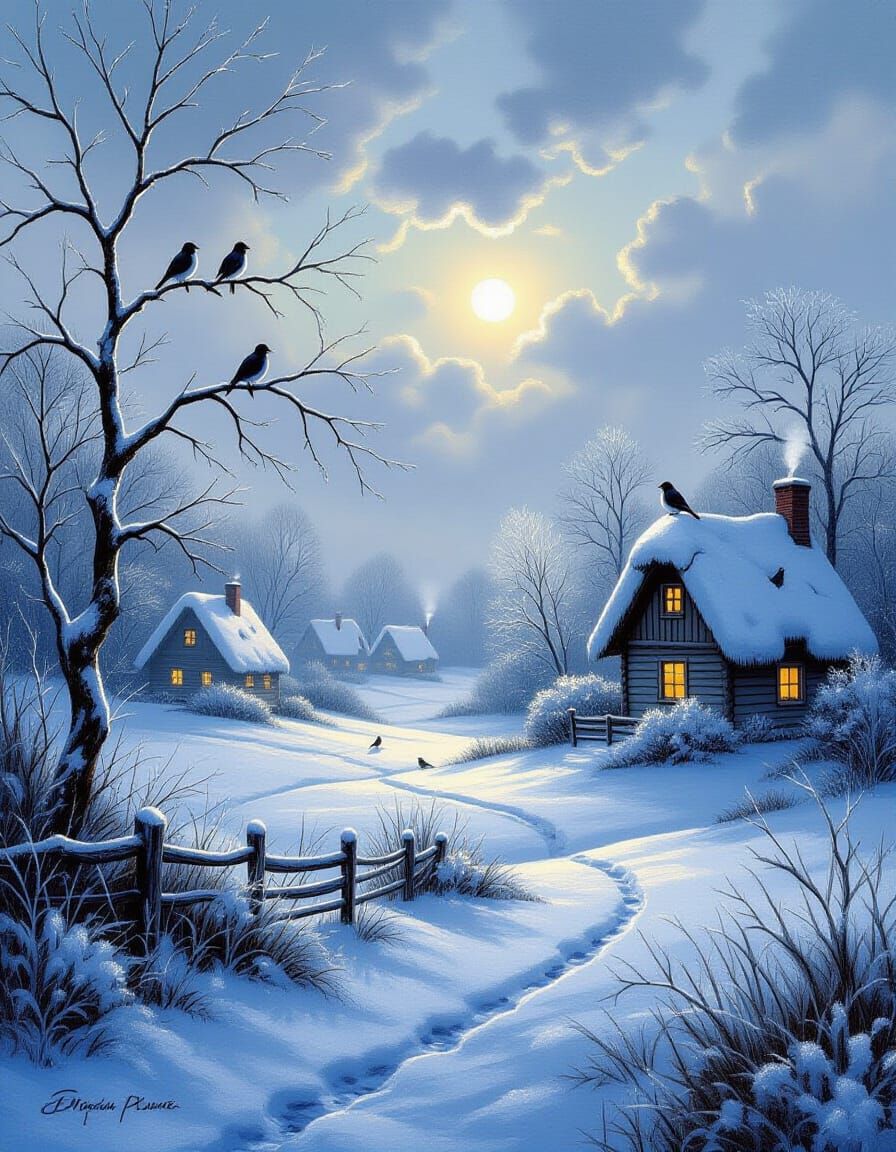 Frosty Autumn Landscape with Rustic Cottages and Emotional S...