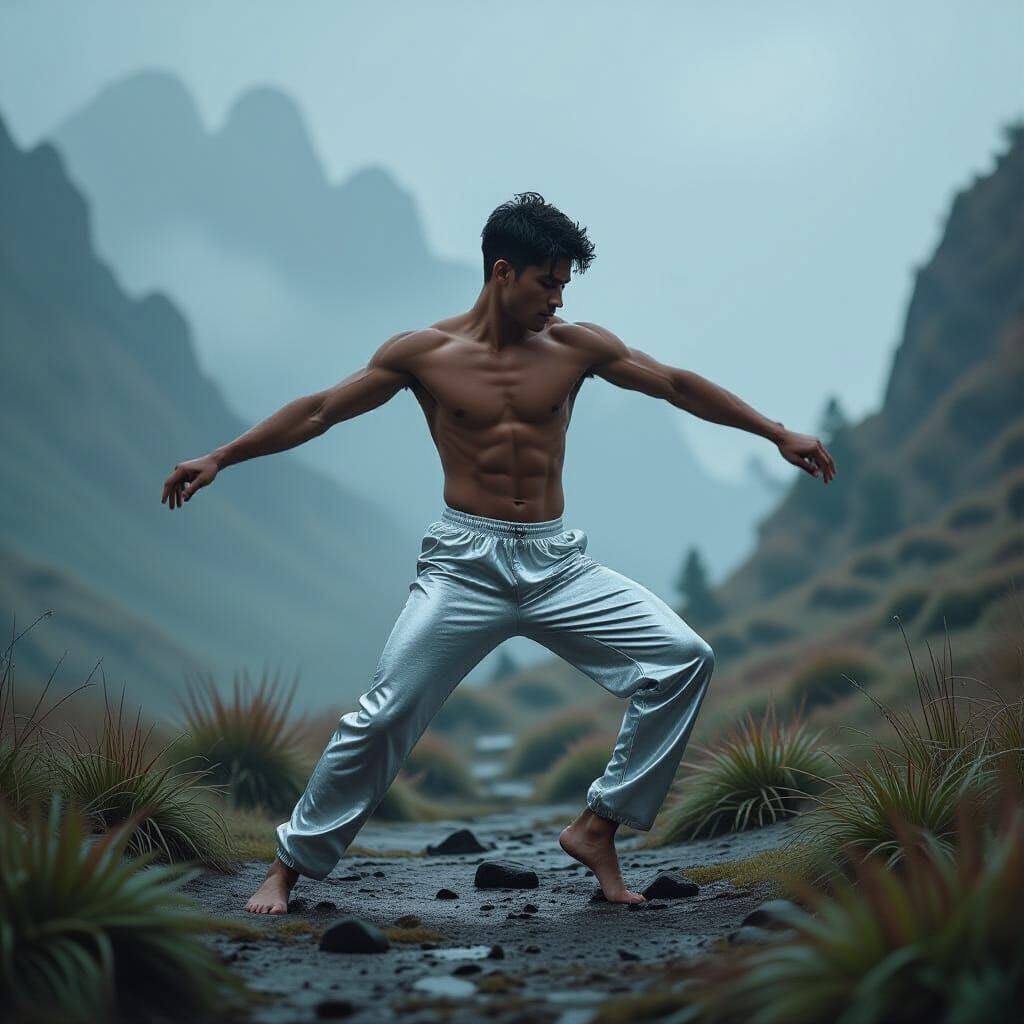 Man in Silver Pants Dancing in Dreamlike Landscape