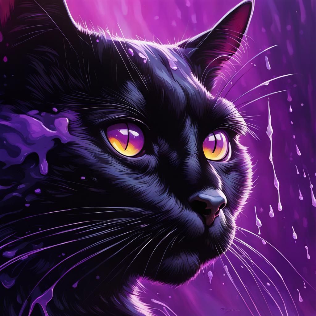 Black Cat in Purple Rain Splash Art
