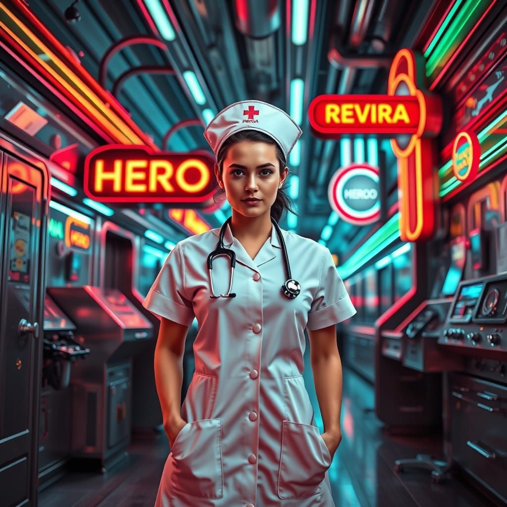 Retro-Futuristic Nurse in Art Deco City